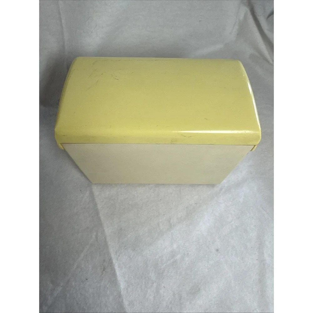 Vintage Mid-Century Modern Yellow Plastic Recipe Box with Assorted Recipe Cards